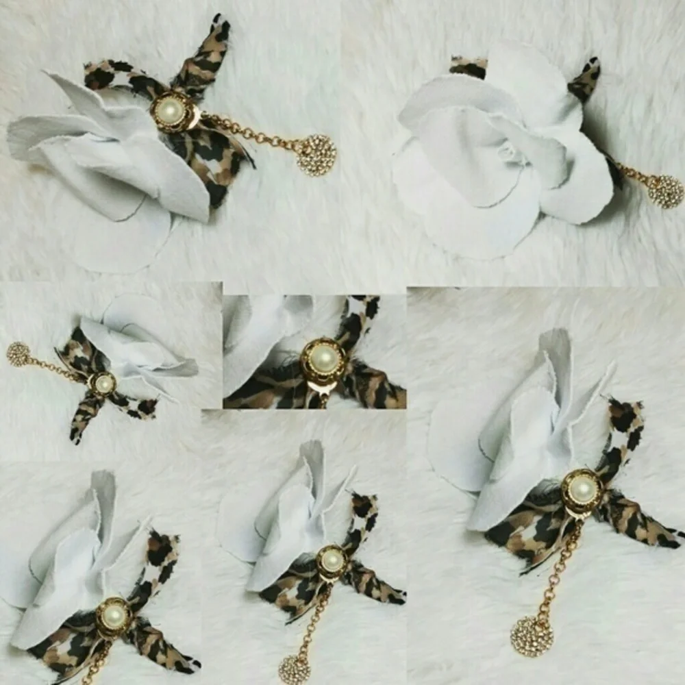 Tasty Raw Edge White Denim Icy Leopard Rose Pin
